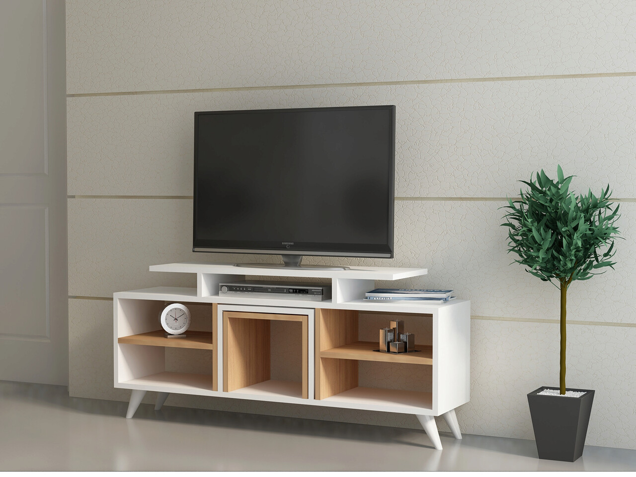 Comoda TV, Hanah Home, Kutay, Alb / Teak - imagine 5